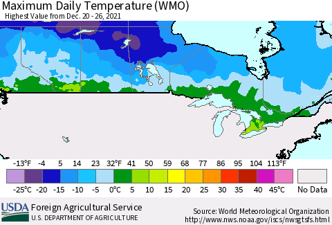Canada Maximum Daily Temperature (WMO) Thematic Map For 12/20/2021 - 12/26/2021