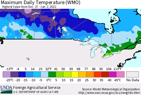 Canada Maximum Daily Temperature (WMO) Thematic Map For 12/27/2021 - 1/2/2022