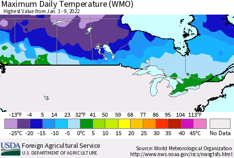 Canada Maximum Daily Temperature (WMO) Thematic Map For 1/3/2022 - 1/9/2022