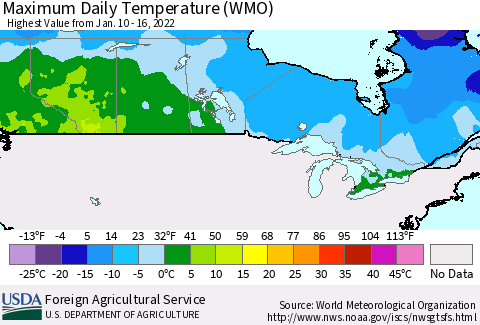 Canada Maximum Daily Temperature (WMO) Thematic Map For 1/10/2022 - 1/16/2022