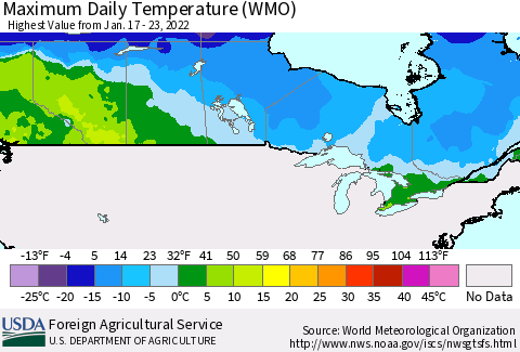 Canada Maximum Daily Temperature (WMO) Thematic Map For 1/17/2022 - 1/23/2022