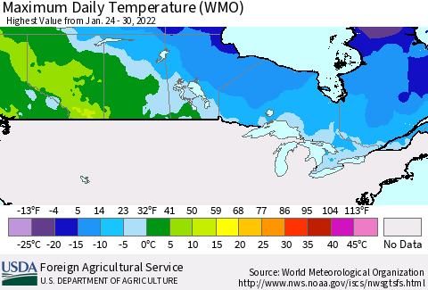 Canada Maximum Daily Temperature (WMO) Thematic Map For 1/24/2022 - 1/30/2022