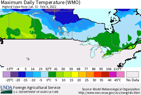 Canada Maximum Daily Temperature (WMO) Thematic Map For 1/31/2022 - 2/6/2022