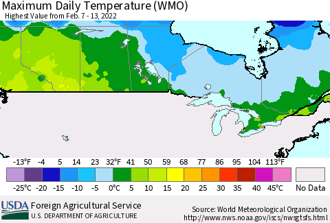 Canada Maximum Daily Temperature (WMO) Thematic Map For 2/7/2022 - 2/13/2022
