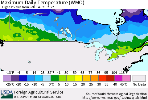 Canada Maximum Daily Temperature (WMO) Thematic Map For 2/14/2022 - 2/20/2022
