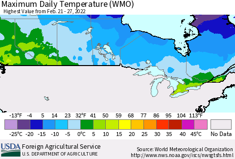 Canada Maximum Daily Temperature (WMO) Thematic Map For 2/21/2022 - 2/27/2022