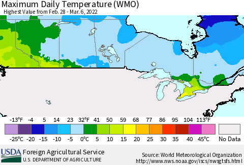 Canada Maximum Daily Temperature (WMO) Thematic Map For 2/28/2022 - 3/6/2022