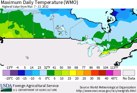 Canada Maximum Daily Temperature (WMO) Thematic Map For 3/7/2022 - 3/13/2022