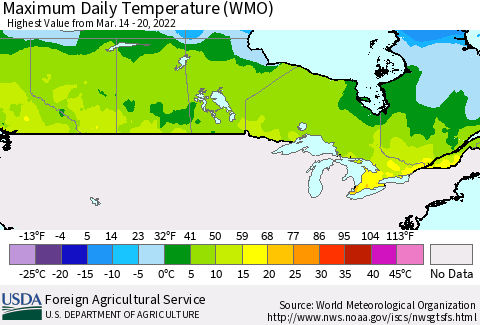 Canada Maximum Daily Temperature (WMO) Thematic Map For 3/14/2022 - 3/20/2022