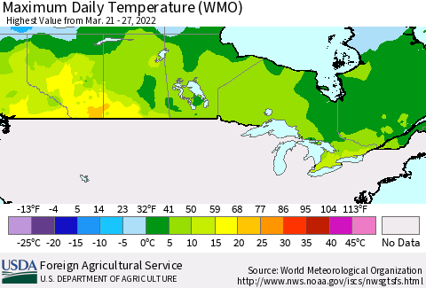 Canada Maximum Daily Temperature (WMO) Thematic Map For 3/21/2022 - 3/27/2022