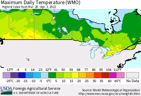 Canada Maximum Daily Temperature (WMO) Thematic Map For 3/28/2022 - 4/3/2022