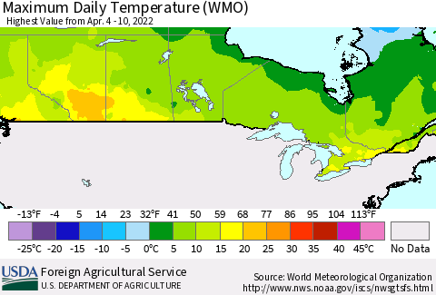 Canada Maximum Daily Temperature (WMO) Thematic Map For 4/4/2022 - 4/10/2022
