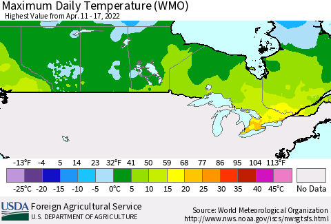 Canada Maximum Daily Temperature (WMO) Thematic Map For 4/11/2022 - 4/17/2022