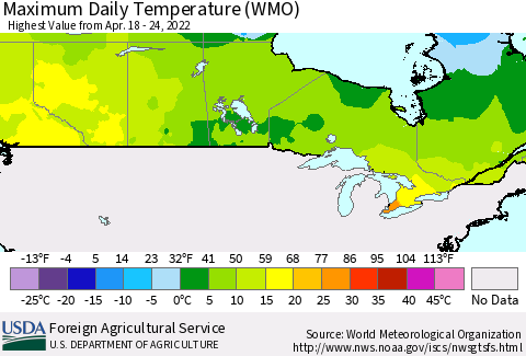 Canada Maximum Daily Temperature (WMO) Thematic Map For 4/18/2022 - 4/24/2022
