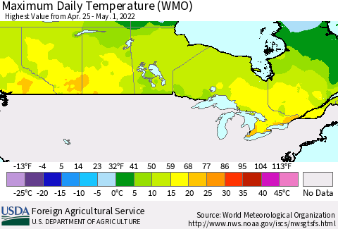 Canada Maximum Daily Temperature (WMO) Thematic Map For 4/25/2022 - 5/1/2022