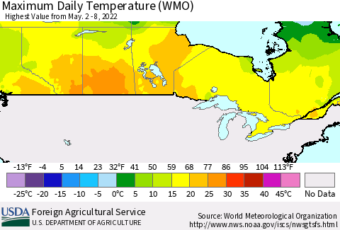 Canada Maximum Daily Temperature (WMO) Thematic Map For 5/2/2022 - 5/8/2022