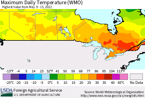 Canada Maximum Daily Temperature (WMO) Thematic Map For 5/9/2022 - 5/15/2022