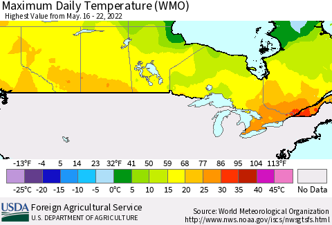 Canada Maximum Daily Temperature (WMO) Thematic Map For 5/16/2022 - 5/22/2022