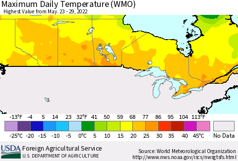 Canada Maximum Daily Temperature (WMO) Thematic Map For 5/23/2022 - 5/29/2022