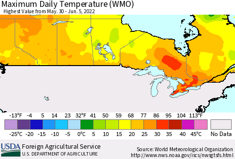 Canada Maximum Daily Temperature (WMO) Thematic Map For 5/30/2022 - 6/5/2022