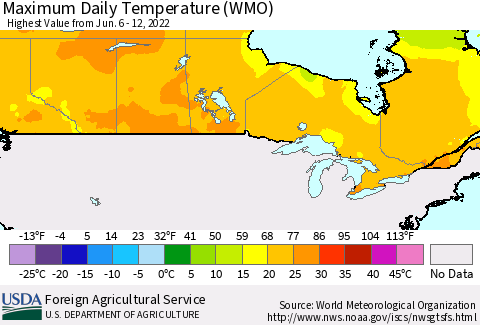 Canada Maximum Daily Temperature (WMO) Thematic Map For 6/6/2022 - 6/12/2022