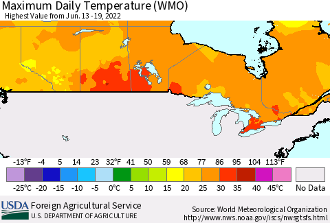 Canada Maximum Daily Temperature (WMO) Thematic Map For 6/13/2022 - 6/19/2022