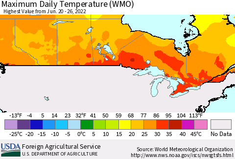 Canada Maximum Daily Temperature (WMO) Thematic Map For 6/20/2022 - 6/26/2022