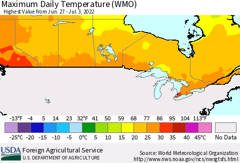 Canada Maximum Daily Temperature (WMO) Thematic Map For 6/27/2022 - 7/3/2022