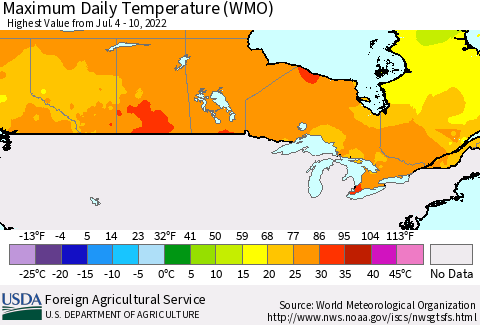 Canada Maximum Daily Temperature (WMO) Thematic Map For 7/4/2022 - 7/10/2022