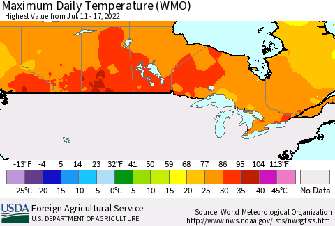 Canada Maximum Daily Temperature (WMO) Thematic Map For 7/11/2022 - 7/17/2022