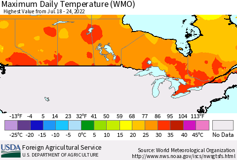 Canada Maximum Daily Temperature (WMO) Thematic Map For 7/18/2022 - 7/24/2022