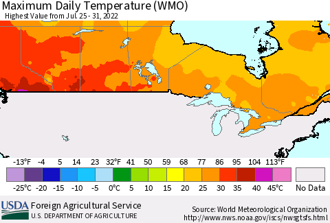 Canada Maximum Daily Temperature (WMO) Thematic Map For 7/25/2022 - 7/31/2022