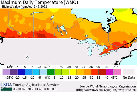 Canada Maximum Daily Temperature (WMO) Thematic Map For 8/1/2022 - 8/7/2022