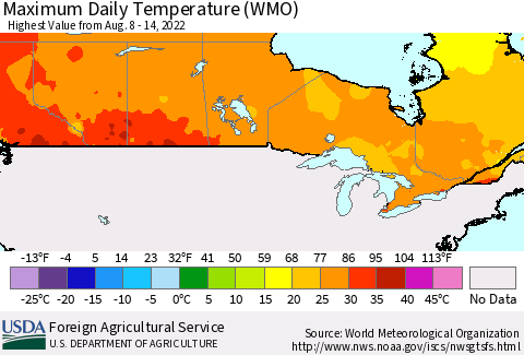 Canada Maximum Daily Temperature (WMO) Thematic Map For 8/8/2022 - 8/14/2022