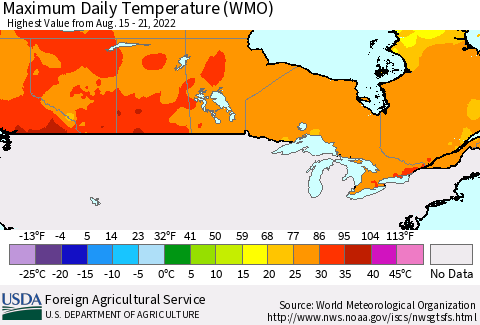 Canada Maximum Daily Temperature (WMO) Thematic Map For 8/15/2022 - 8/21/2022
