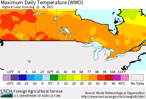 Canada Maximum Daily Temperature (WMO) Thematic Map For 8/22/2022 - 8/28/2022