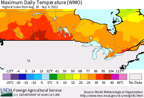 Canada Maximum Daily Temperature (WMO) Thematic Map For 8/29/2022 - 9/4/2022
