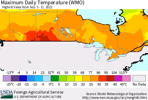 Canada Maximum Daily Temperature (WMO) Thematic Map For 9/5/2022 - 9/11/2022