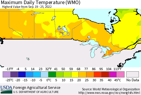 Canada Maximum Daily Temperature (WMO) Thematic Map For 9/19/2022 - 9/25/2022