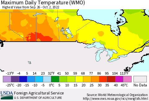 Canada Maximum Daily Temperature (WMO) Thematic Map For 9/26/2022 - 10/2/2022