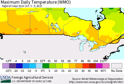 Canada Maximum Daily Temperature (WMO) Thematic Map For 10/3/2022 - 10/9/2022