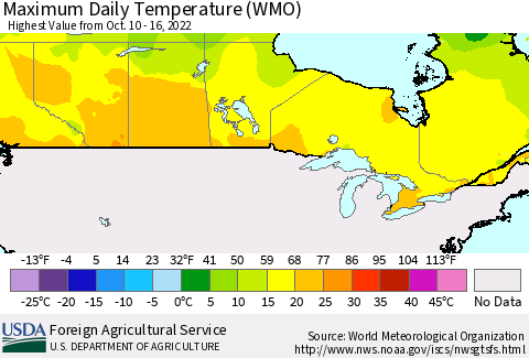 Canada Maximum Daily Temperature (WMO) Thematic Map For 10/10/2022 - 10/16/2022