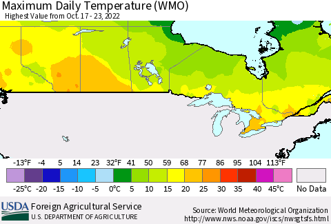 Canada Maximum Daily Temperature (WMO) Thematic Map For 10/17/2022 - 10/23/2022