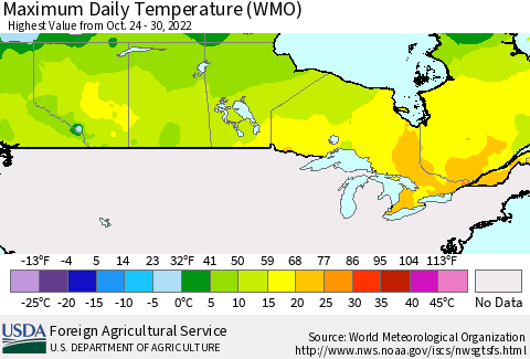 Canada Maximum Daily Temperature (WMO) Thematic Map For 10/24/2022 - 10/30/2022