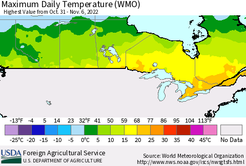 Canada Maximum Daily Temperature (WMO) Thematic Map For 10/31/2022 - 11/6/2022