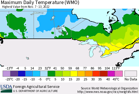 Canada Maximum Daily Temperature (WMO) Thematic Map For 11/7/2022 - 11/13/2022