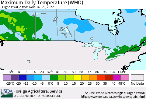 Canada Maximum Daily Temperature (WMO) Thematic Map For 11/14/2022 - 11/20/2022