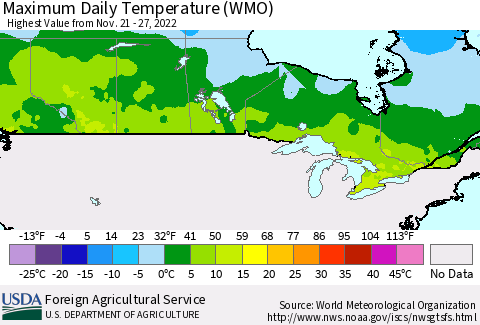 Canada Maximum Daily Temperature (WMO) Thematic Map For 11/21/2022 - 11/27/2022