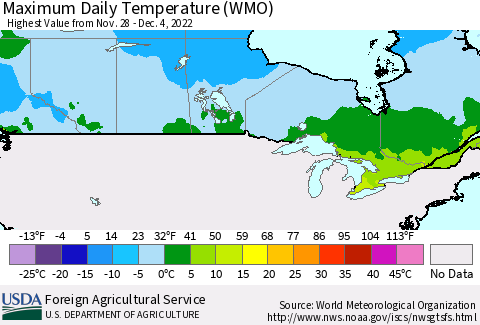 Canada Maximum Daily Temperature (WMO) Thematic Map For 11/28/2022 - 12/4/2022
