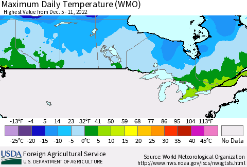 Canada Maximum Daily Temperature (WMO) Thematic Map For 12/5/2022 - 12/11/2022